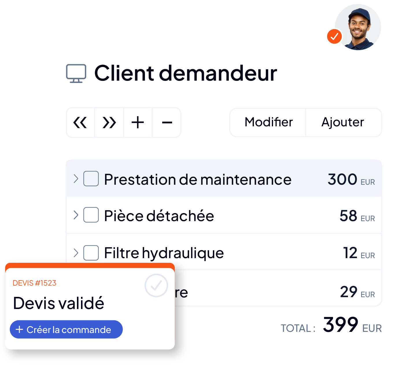 Aperçu du module de devis et commandes clients de la GMAO AQ Manager