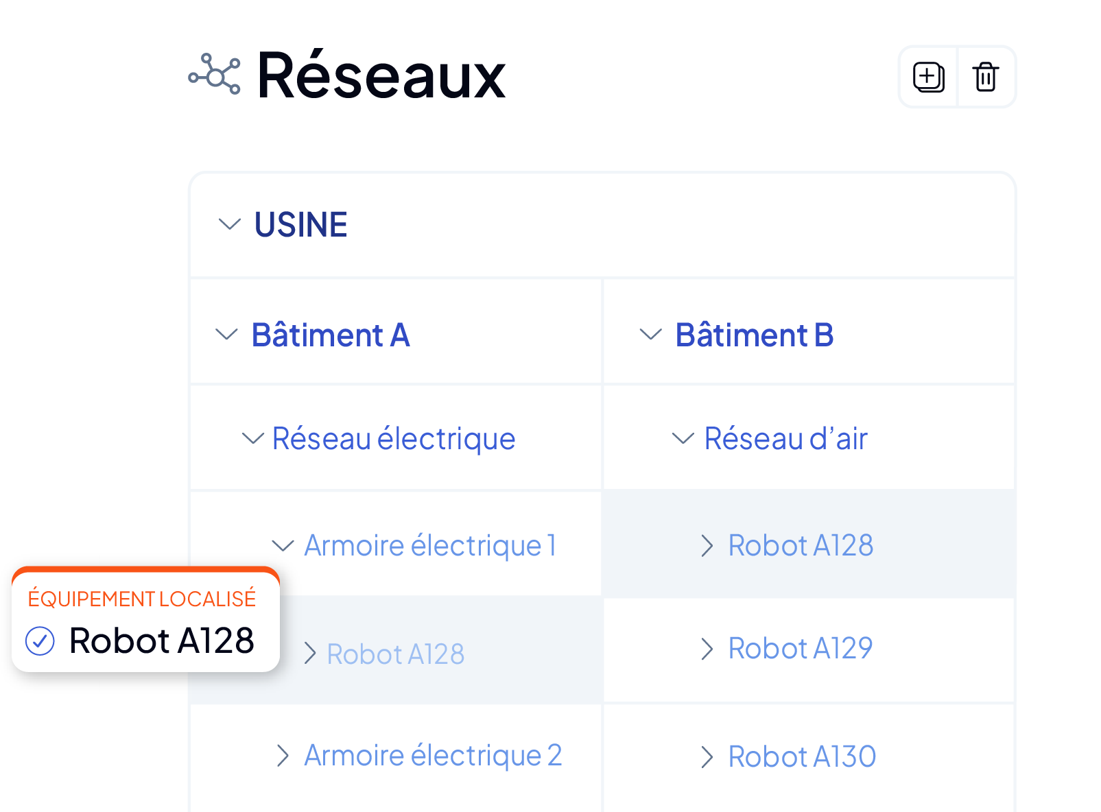 Arborescence des équipements organisée par réseau dans la GMAO AQ Manager