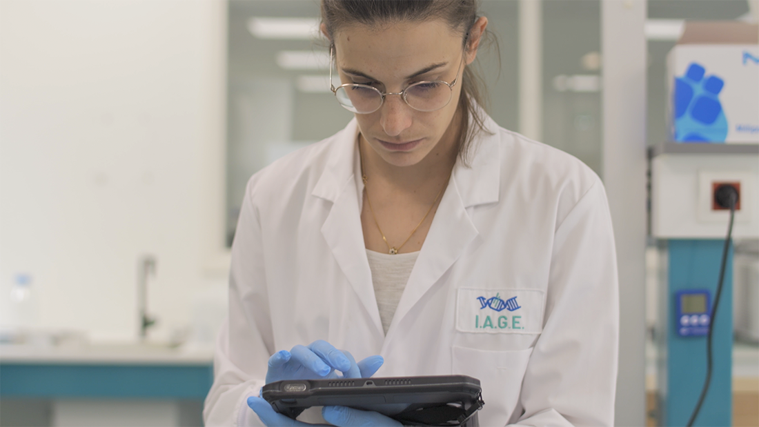 Technicienne de laboratoire saisissant des résultats sur une tablette